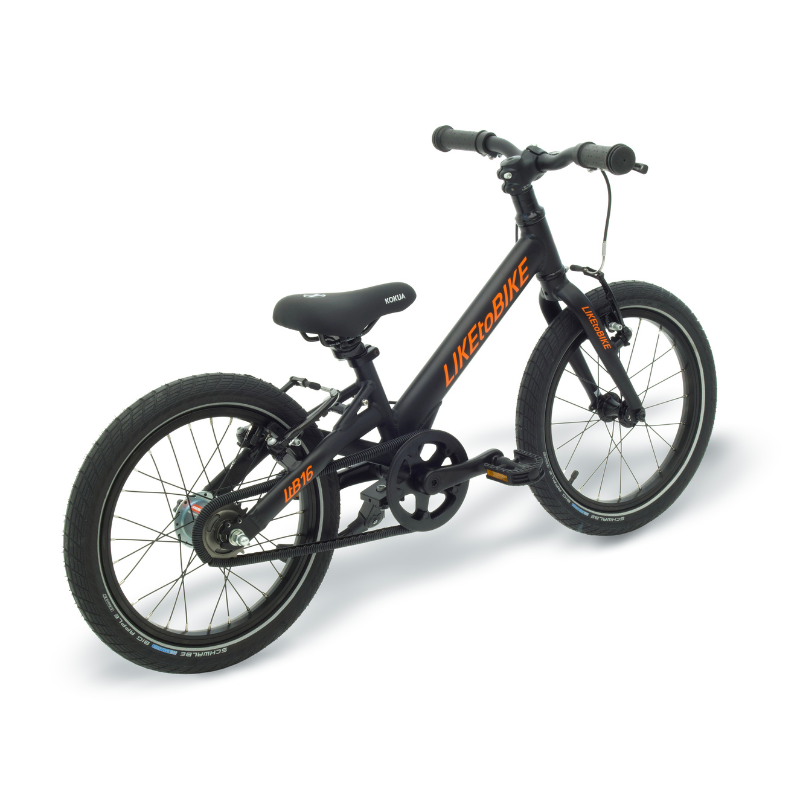 a black and orange bike on a white background