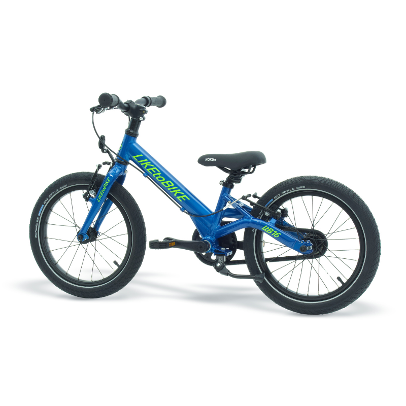 a blue children's bike on a white background