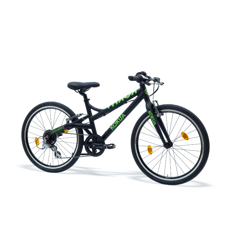 a black and green KOKUA like to bike 24SR bike on a white background