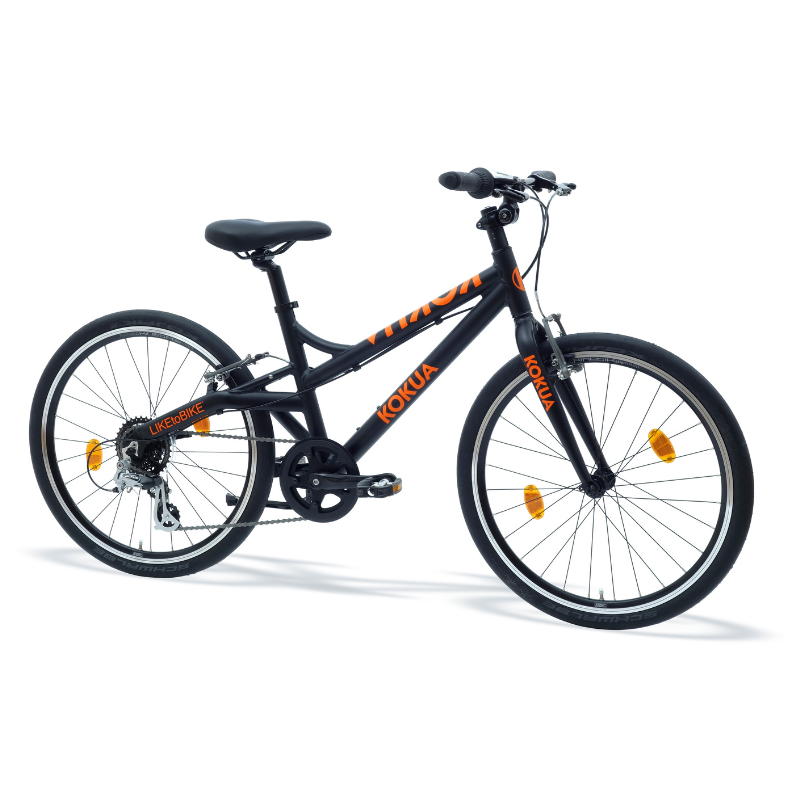 a black and orange KOKUA like to bike 24SR bike on a white background