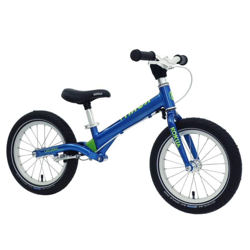 a blue KOKUA Jumper 14 balance bike with black spokes on a white background